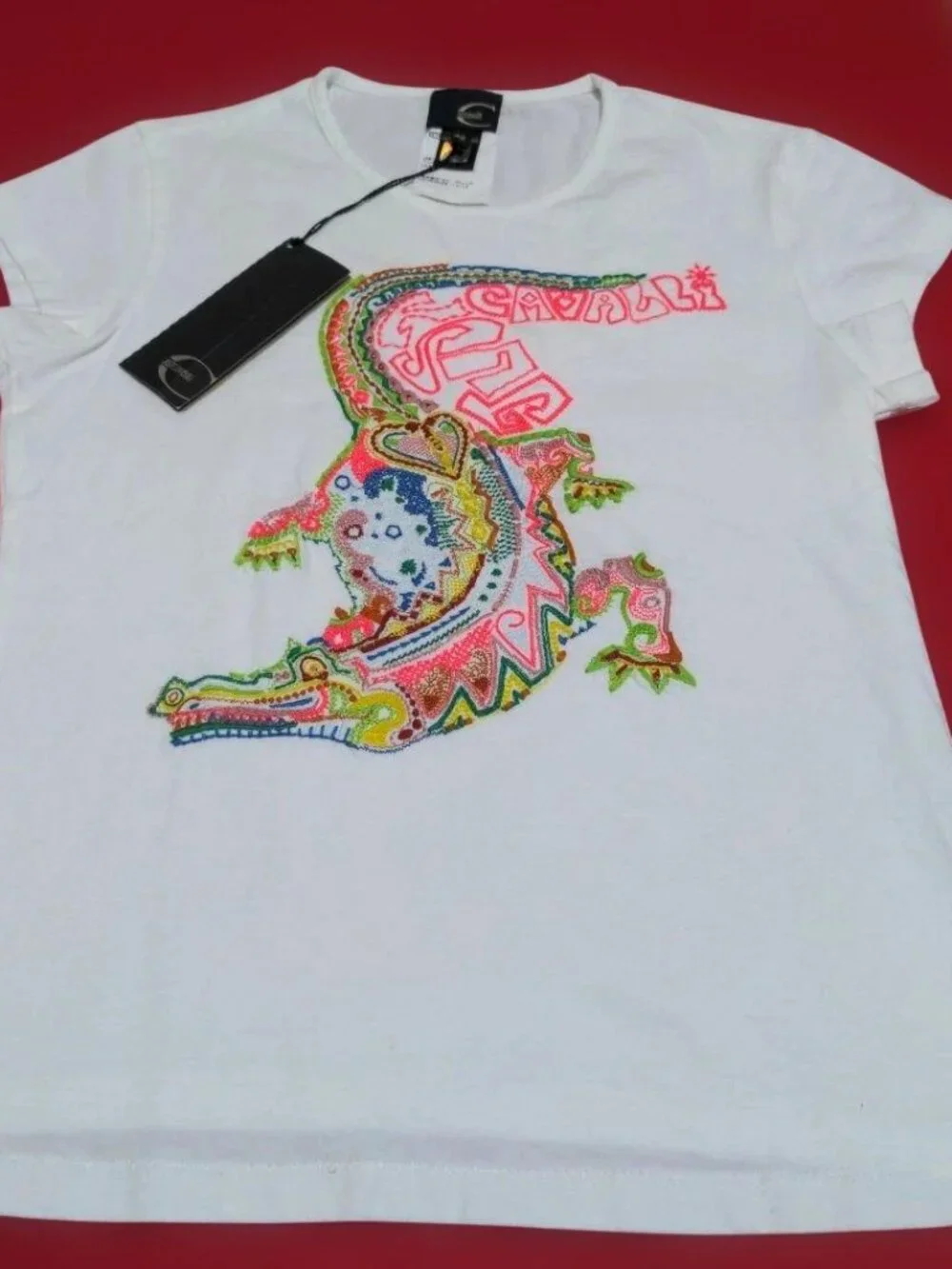 Roberto Cavalli Graphic T Shirt Crocodile Y2K Colorful Embroidered Designer Tee - Picture 3 of 3